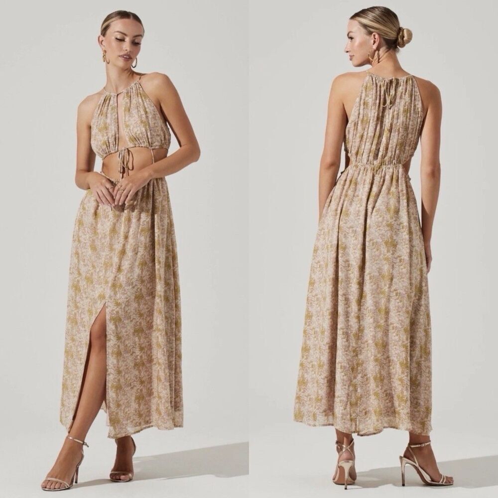 ASTR The Label Mid Cutout Sleeveless Maxi Dress Green Halter Size Medium Slit